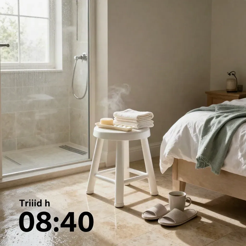 Thuiszorginterieur met opgemaakt bed, handdoeken, douchestoel en medicatietray na ochtendzorg.