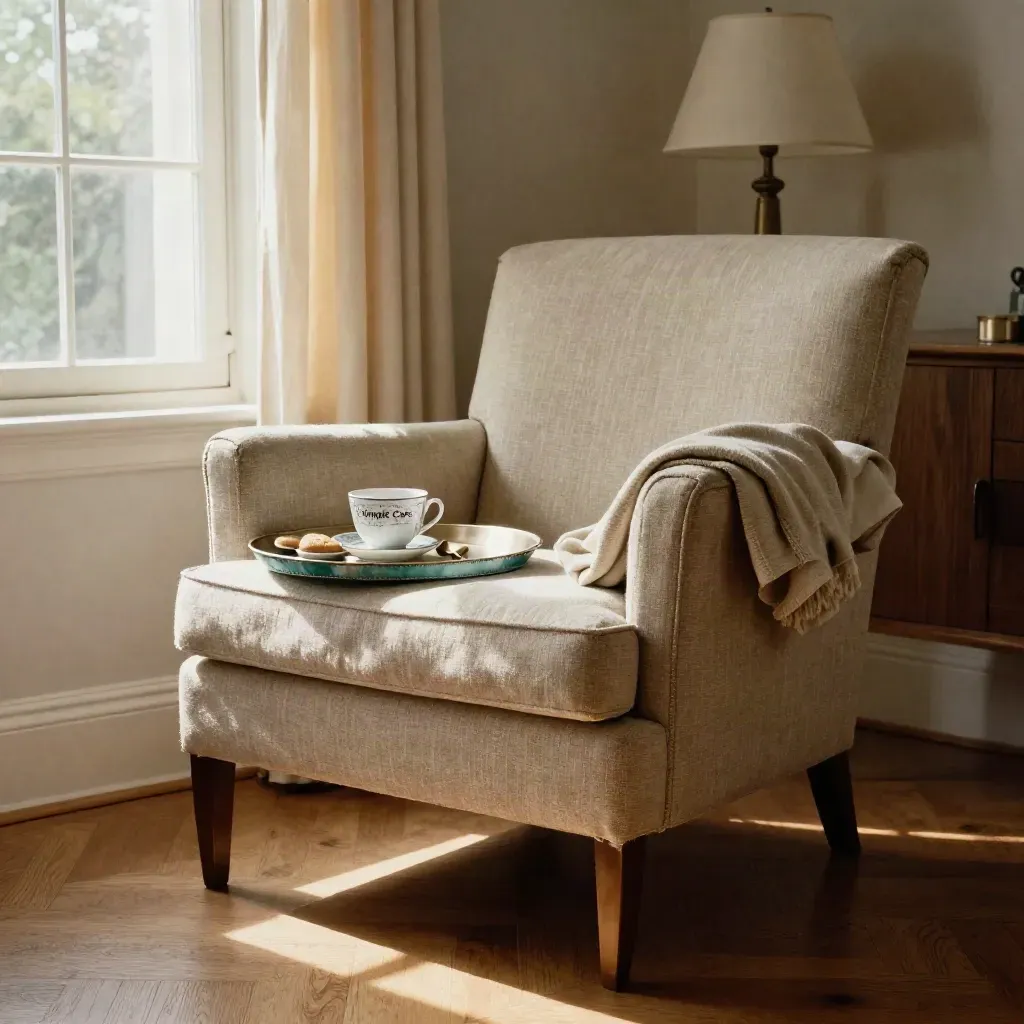 Lege fauteuil met theeschaal, plaid, open gordijn en gedimd lamplicht in een rustige woonkamer.