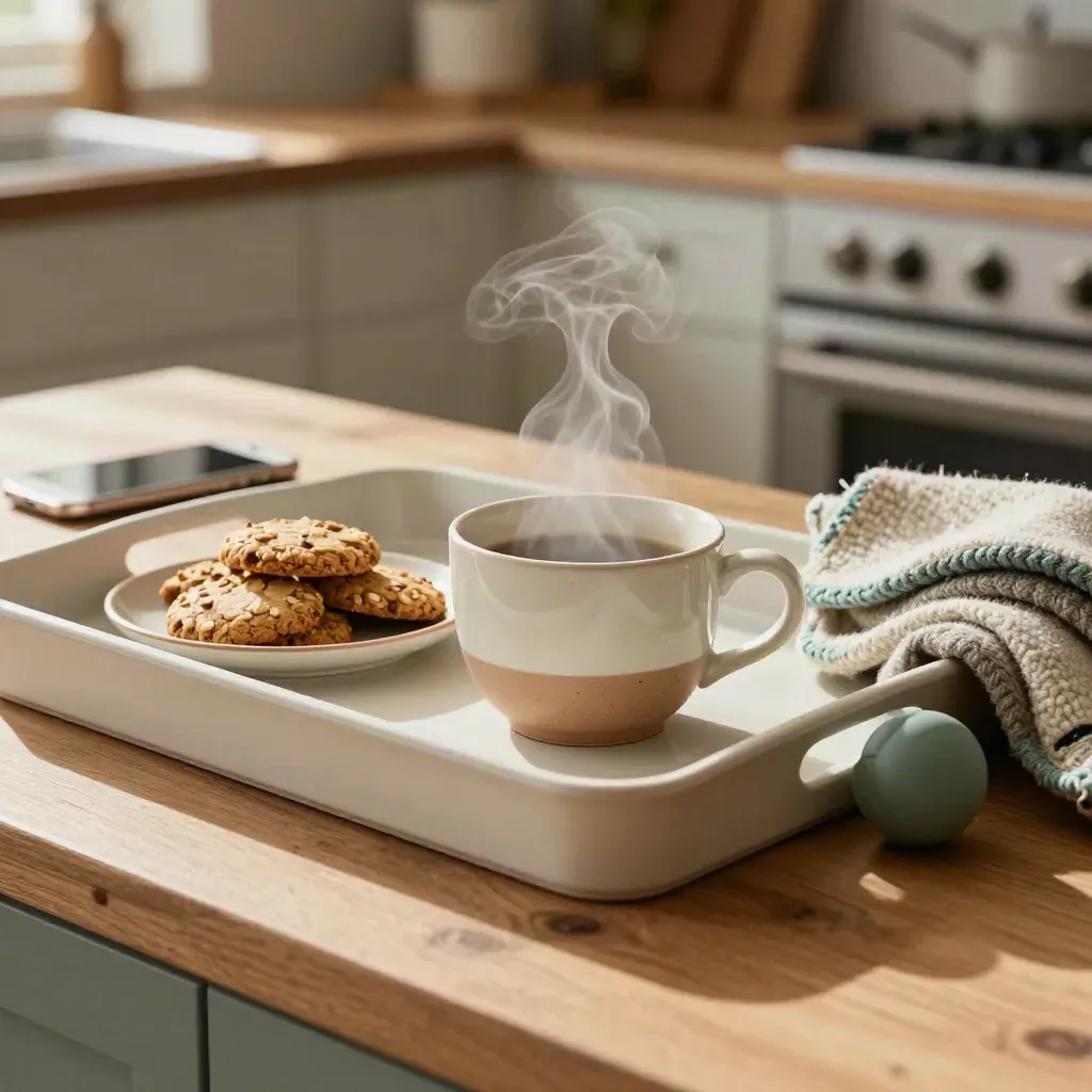 Theeplateau met kamillethee, haverkoekjes, telefoon, plaid en stressbal in warm thuislicht.